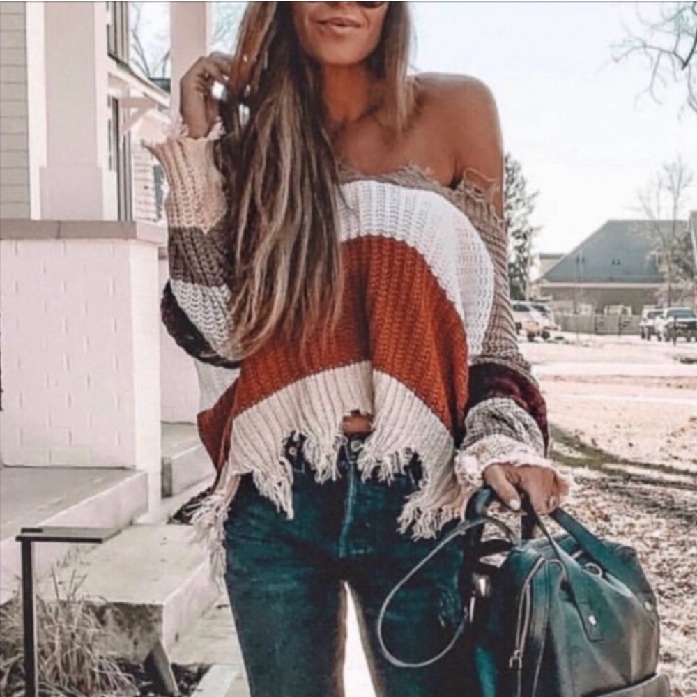 Miracle Off-Shoulder Sweater with Cream, Brown, Rust and Butterscotch Stripes